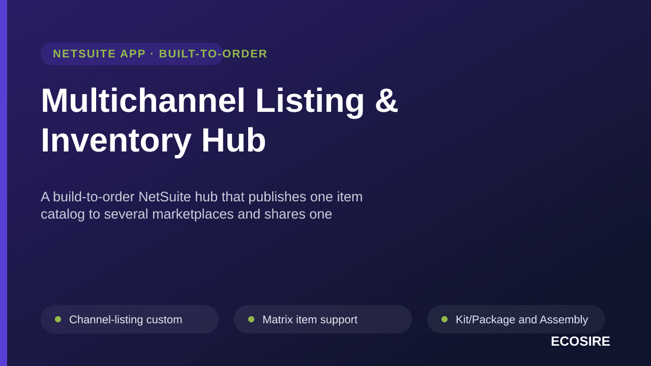 Multichannel Listing & Inventory Hub — A build-to-order NetSuite hub that publishes one item catalog to several marketplaces and shares one available-to-promise pool across them