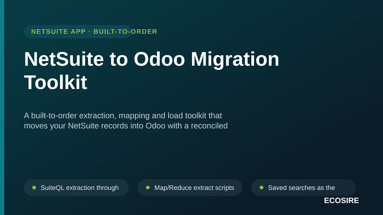 NetSuite to Odoo Migration Toolkit — A built-to-order extraction, mapping and load toolkit that moves your NetSuite records into Odoo with a reconciled trial balance, preserved AR/AP aging and re-runnable delta loads