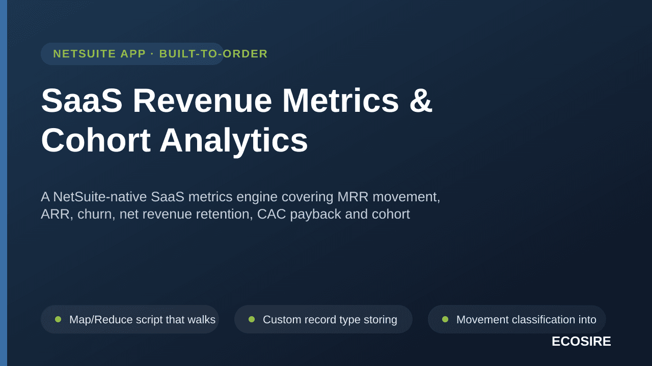 SaaS Revenue Metrics & Cohort Analytics — A NetSuite-native SaaS metrics engine covering MRR movement, ARR, churn, net revenue retention, CAC payback and cohort LTV