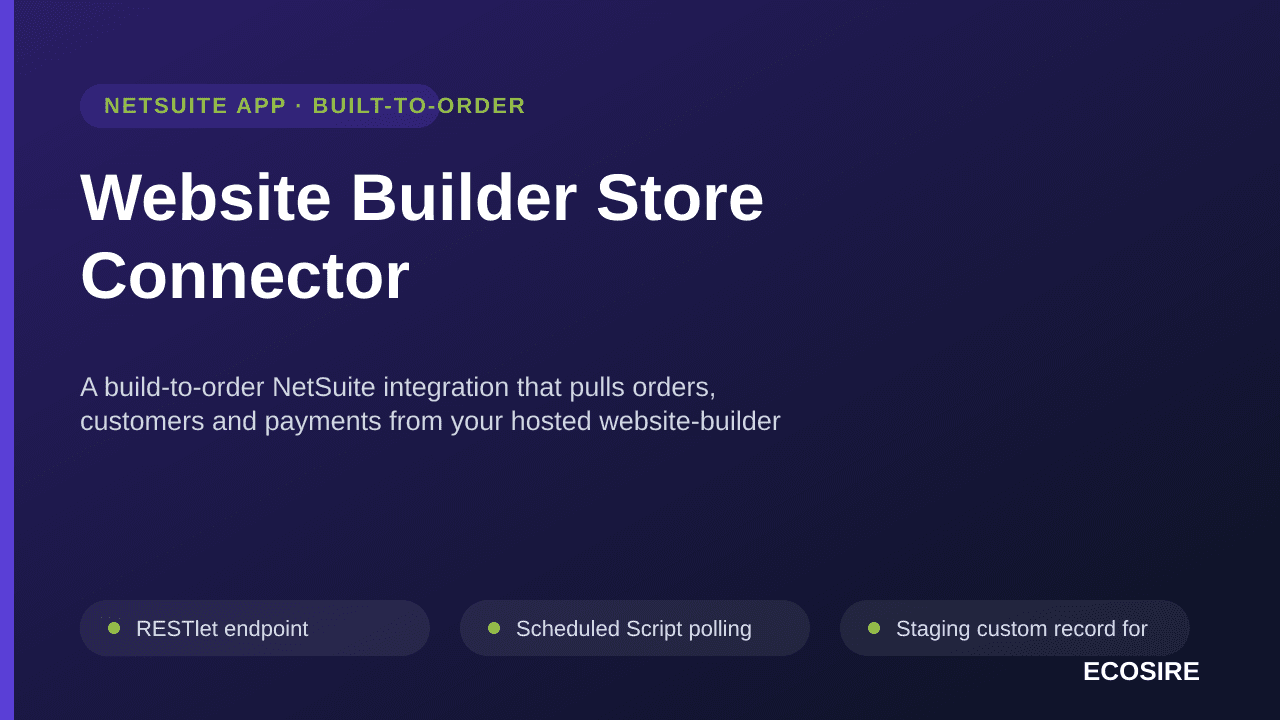 Website Builder Store Connector — A build-to-order NetSuite integration that pulls orders, customers and payments from your hosted website-builder store and pushes item, price and inventory updates back