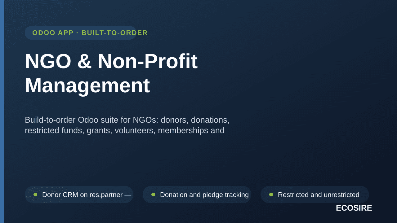 NGO & Non-Profit Management — Build-to-order Odoo suite for NGOs: donors, donations, restricted funds, grants, volunteers, me — Image 1 of 3