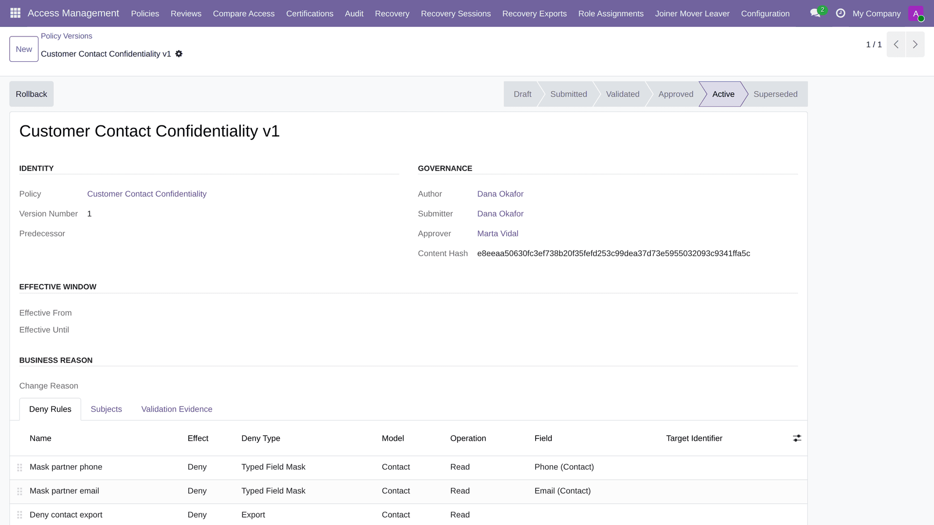 Ecosire Access Management — A deny-only access governance layer for Odoo 19: maker-checker policy versions, governed native r — 1/6