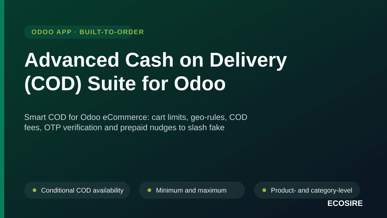 Advanced Cash on Delivery (COD) Suite for Odoo — Smart COD for Odoo eCommerce: cart limits, geo-rules, COD fees, OTP verifica — Image 1 of 3
