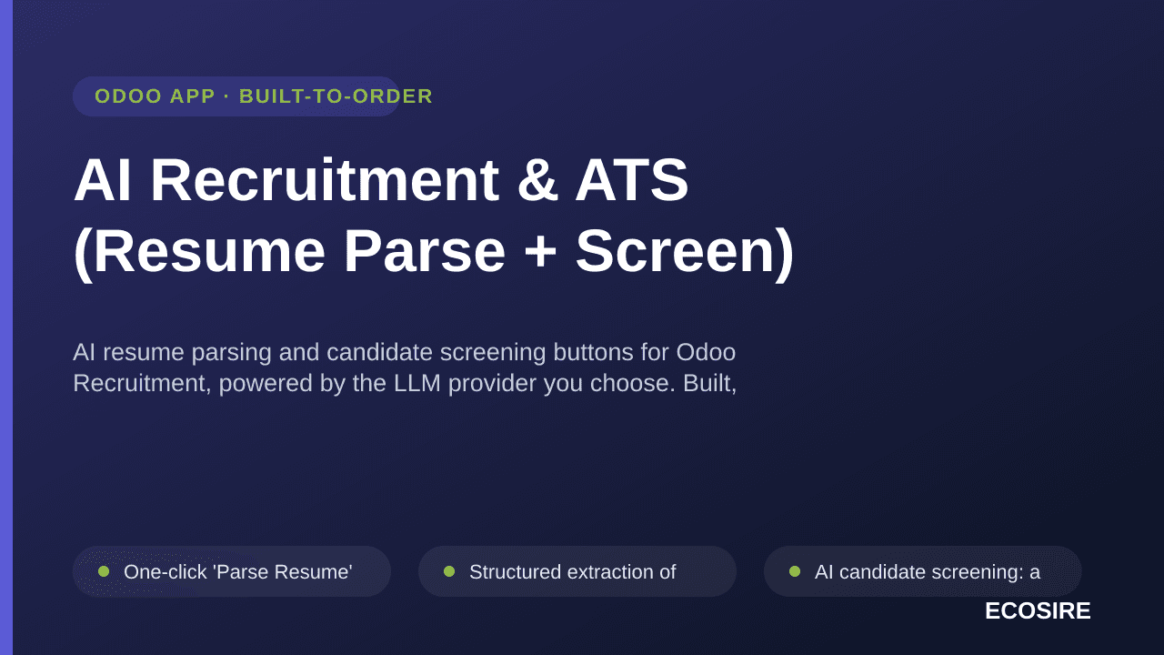 AI Recruitment & ATS (Resume Parse + Screen) — AI resume parsing and candidate screening buttons for Odoo Recruitment, powere — Image 1 of 3