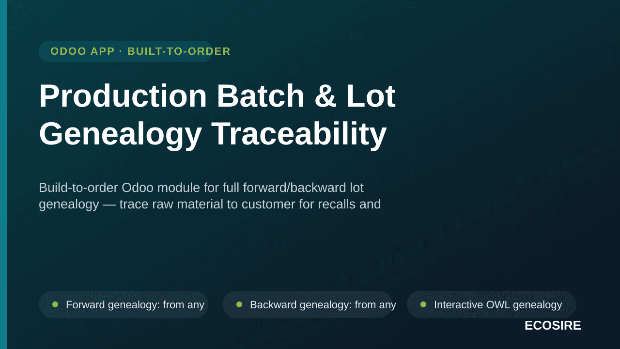 Production Batch & Lot Genealogy Traceability — Build-to-order Odoo module for full forward/backward lot genealogy — trace ra — Image 1 of 3