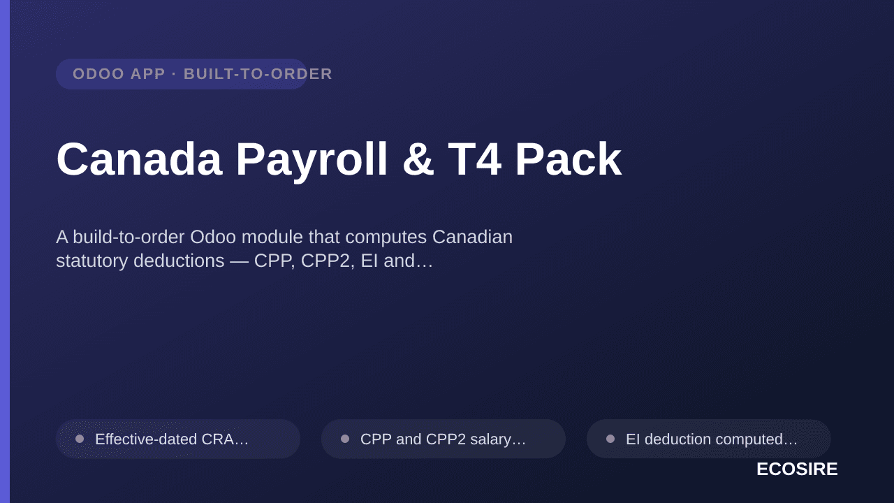 Canada Payroll & T4 Pack — A build-to-order Odoo module that computes Canadian statutory deductions — CPP, CPP2, EI and feder — 1/1