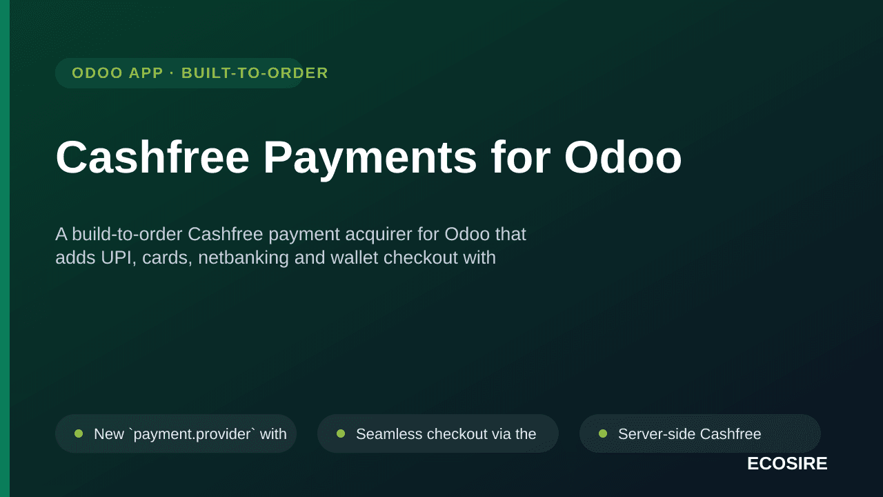 Cashfree Payments for Odoo — A build-to-order Cashfree payment acquirer for Odoo that adds UPI, cards, netbanking and wallet  — Image 1 of 3