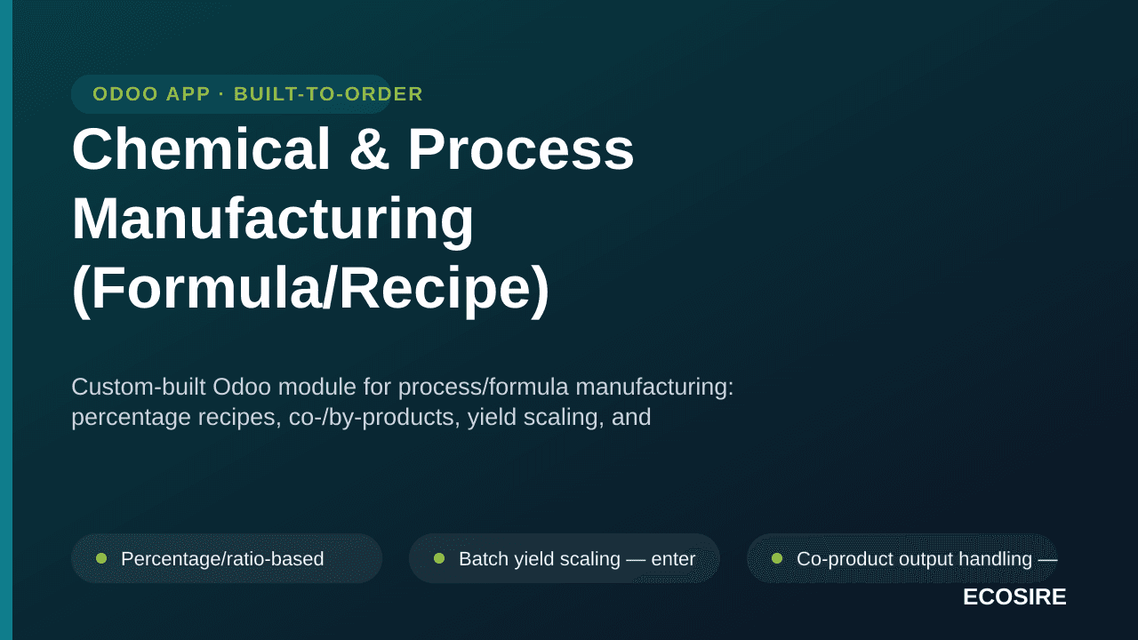 Chemical & Process Manufacturing (Formula/Recipe) — Custom-built Odoo module for process/formula manufacturing: percentage re — Image 1 of 3