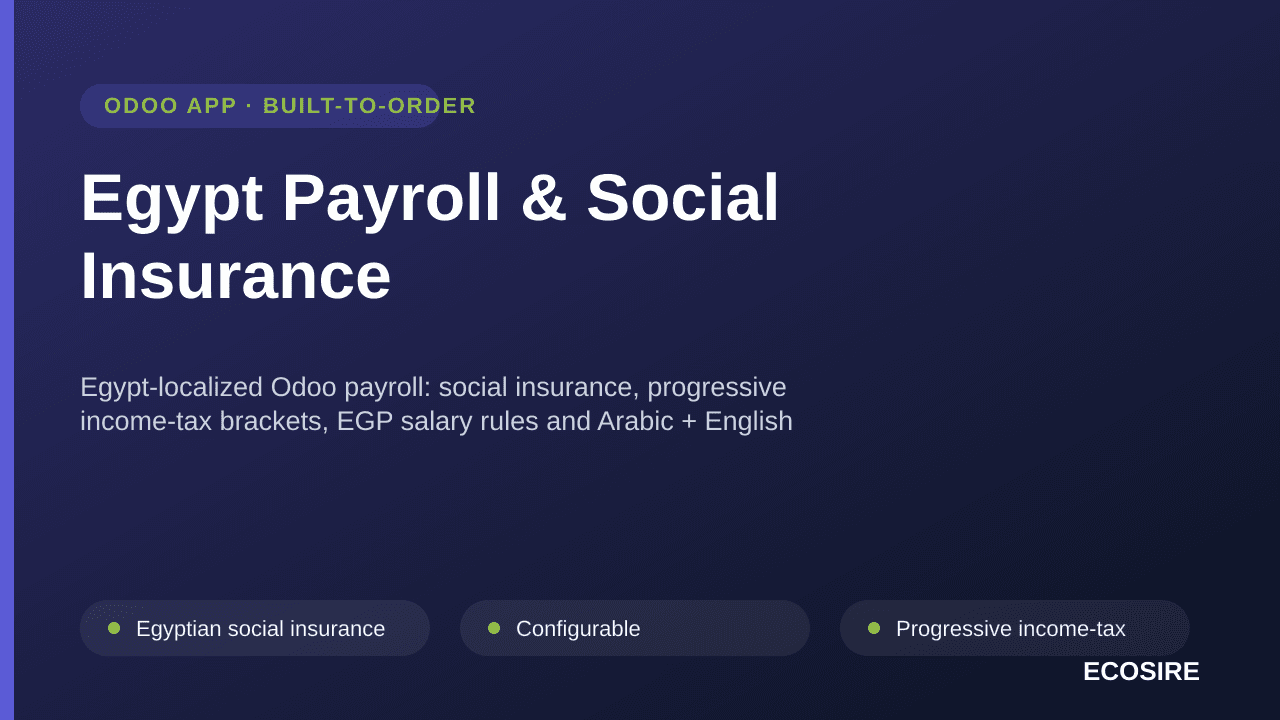 Egypt Payroll & Social Insurance — Egypt-localized Odoo payroll: social insurance, progressive income-tax brackets, EGP salar — Image 1 of 3