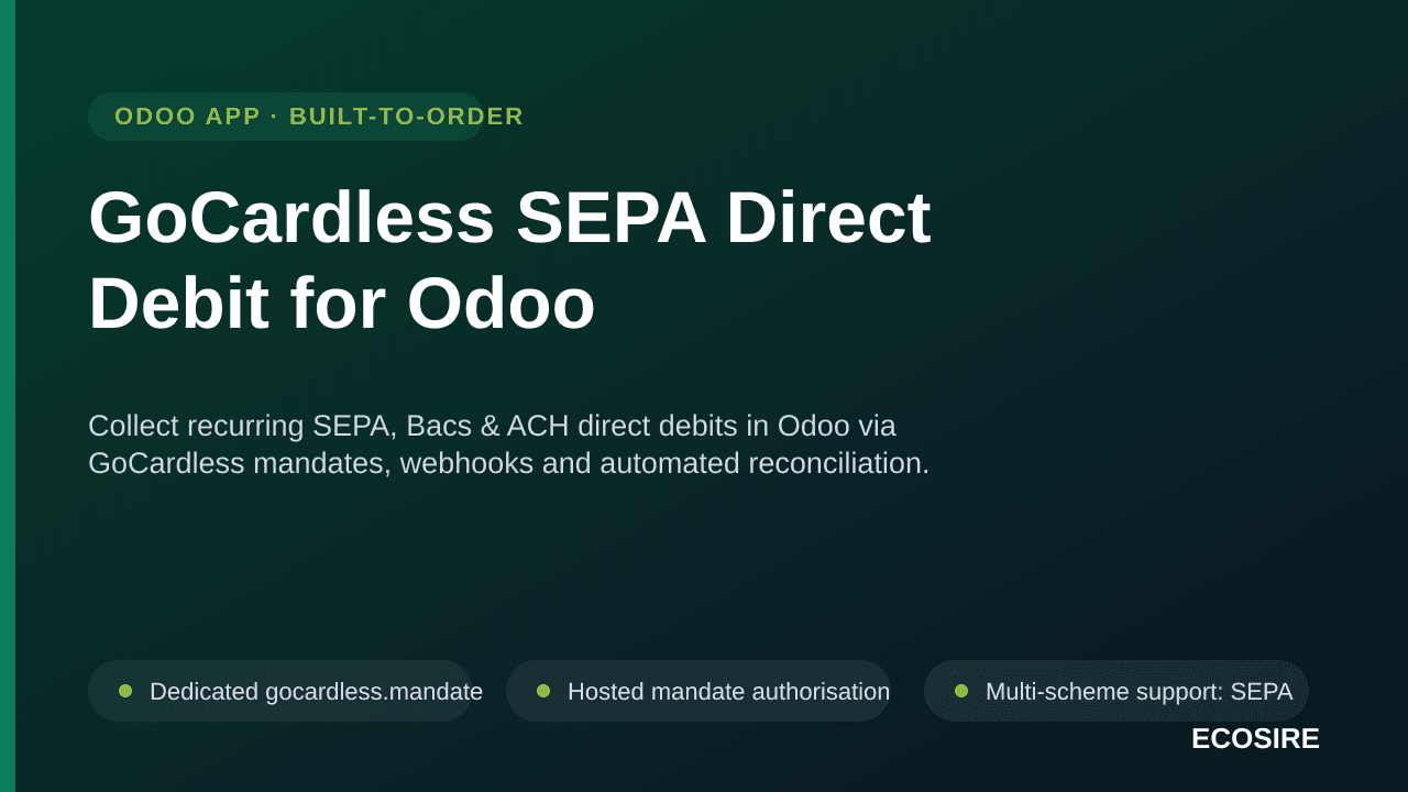 GoCardless SEPA Direct Debit for Odoo — Collect recurring SEPA, Bacs & ACH direct debits in Odoo via GoCardless mandates, web — Image 1 of 3