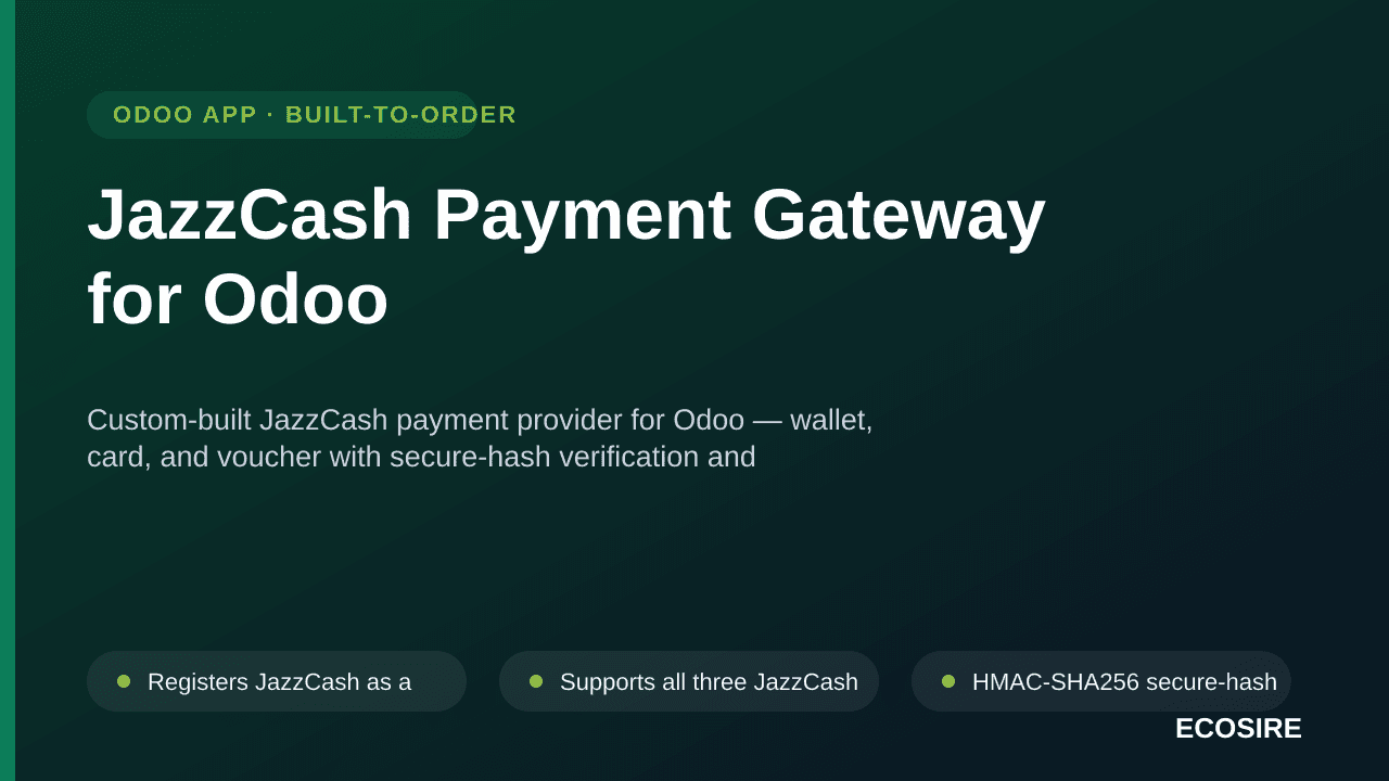 JazzCash Payment Gateway for Odoo — Custom-built JazzCash payment provider for Odoo — wallet, card, and voucher with secure-h — Image 1 of 3