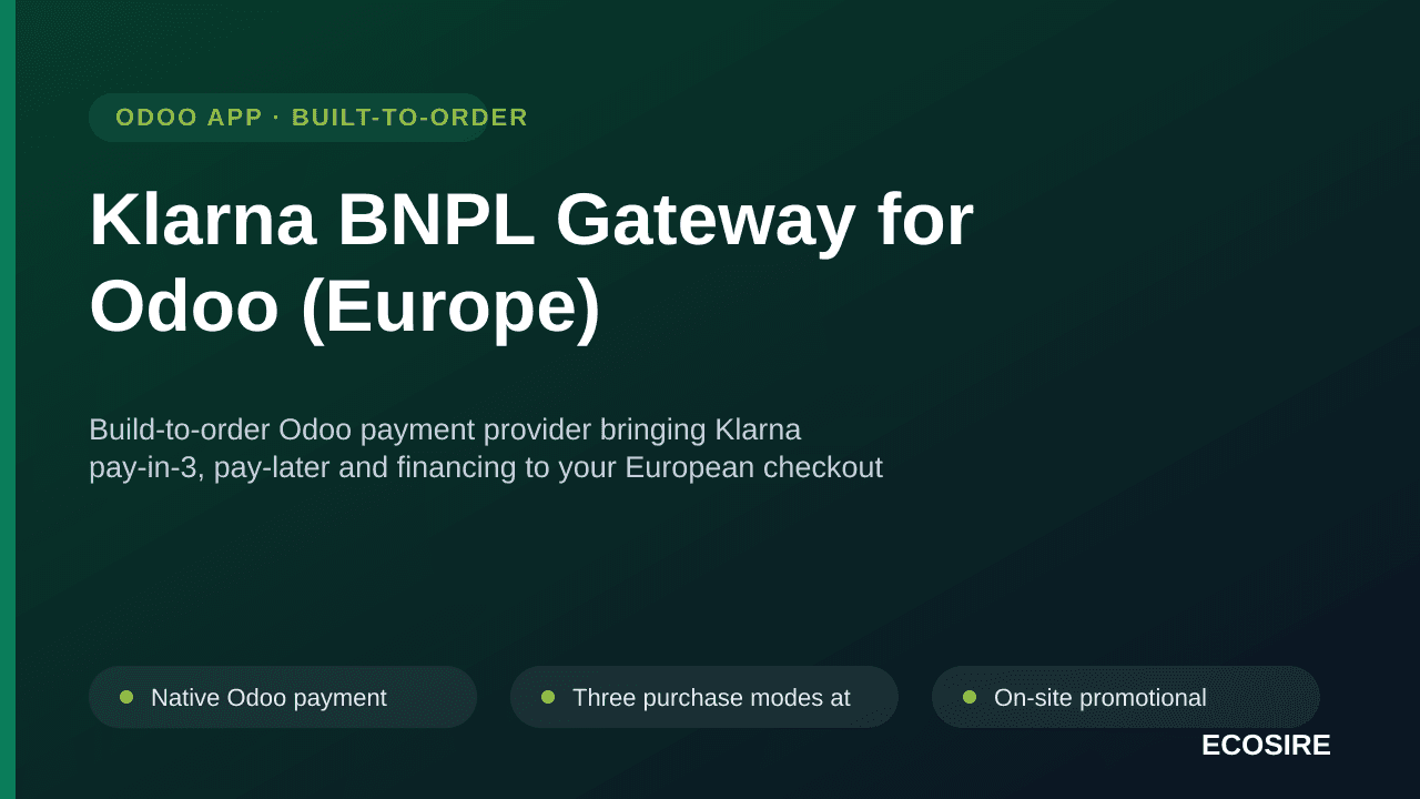 Klarna BNPL Gateway for Odoo (Europe) — Build-to-order Odoo payment provider bringing Klarna pay-in-3, pay-later and financin — Image 1 of 3