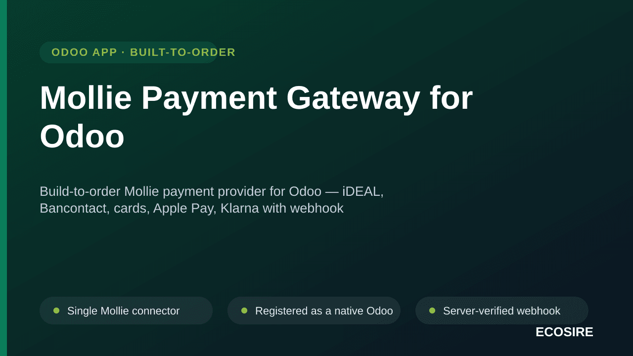 Mollie Payment Gateway for Odoo — Build-to-order Mollie payment provider for Odoo — iDEAL, Bancontact, cards, Apple Pay, Klar — Image 1 of 3