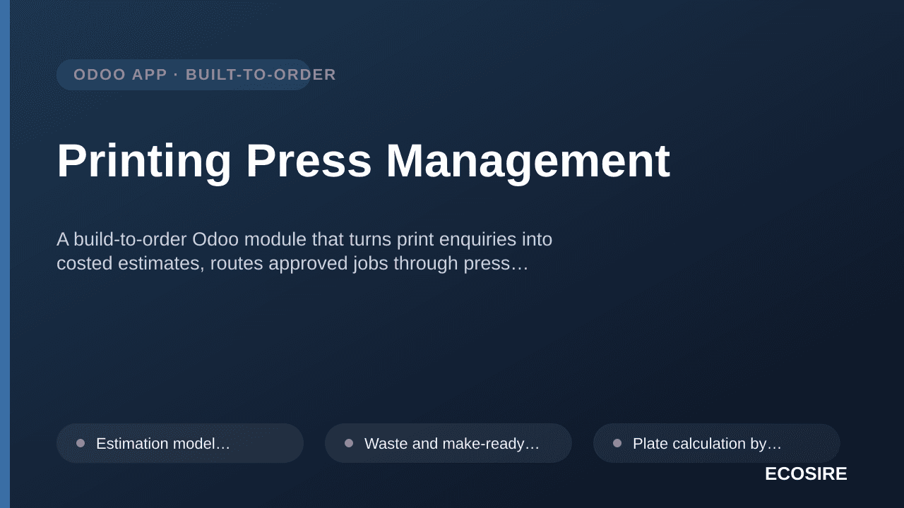Printing Press Management — A build-to-order Odoo module that turns print enquiries into costed estimates, routes approved jo — 1/1