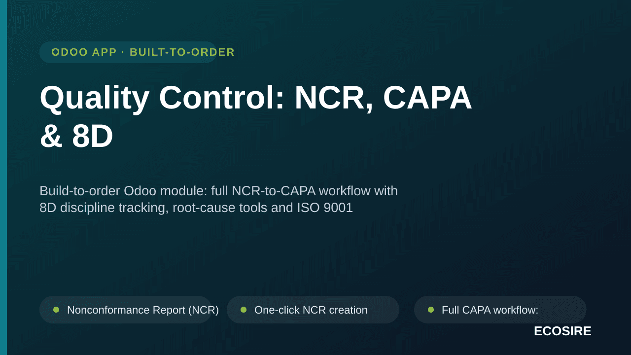 Quality Control: NCR, CAPA & 8D — Build-to-order Odoo module: full NCR-to-CAPA workflow with 8D discipline tracking, root-cau — Image 1 of 3