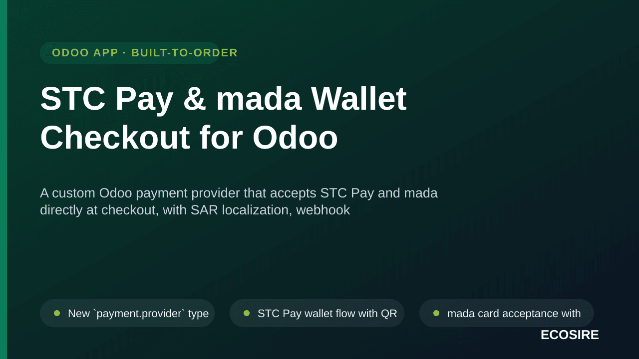STC Pay & mada Wallet Checkout for Odoo — A custom Odoo payment provider that accepts STC Pay and mada directly at checkout,  — Image 1 of 3