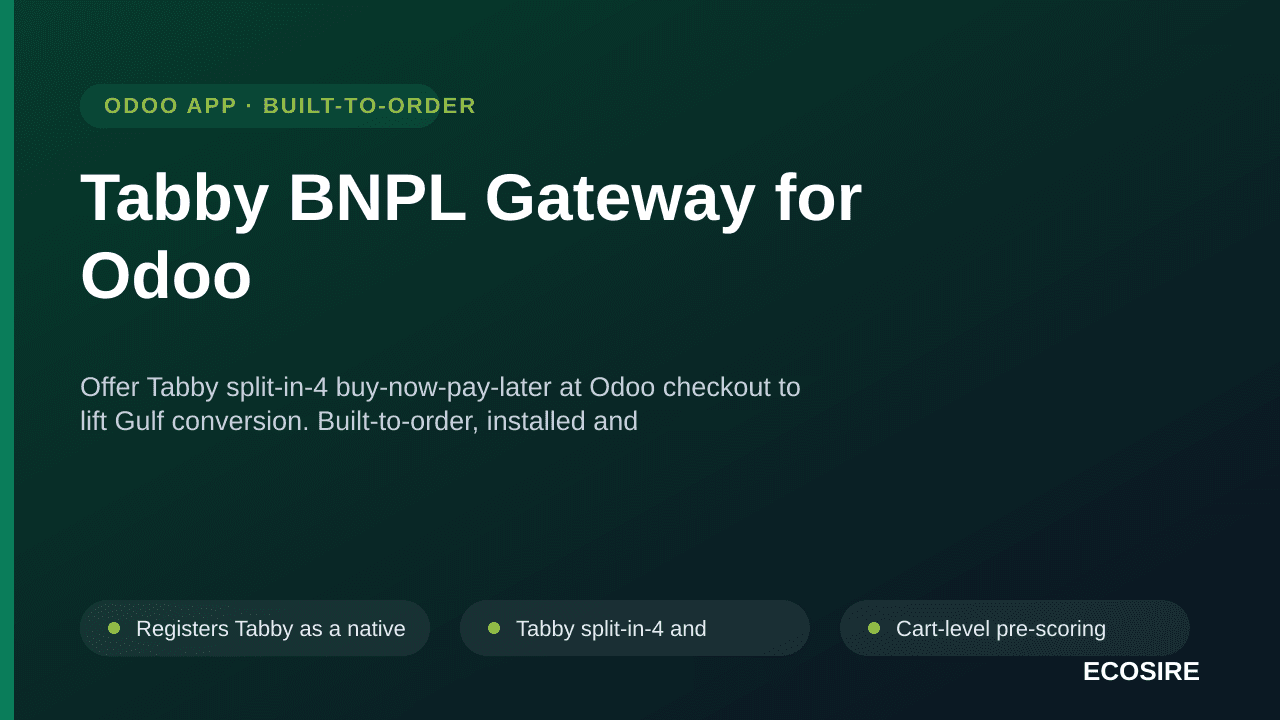 Tabby BNPL Gateway for Odoo — Offer Tabby split-in-4 buy-now-pay-later at Odoo checkout to lift Gulf conversion — Image 1 of 3