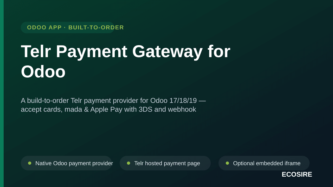 Telr Payment Gateway for Odoo — A build-to-order Telr payment provider for Odoo 17/18/19 — accept cards, mada & Apple Pay wit — Image 1 of 3