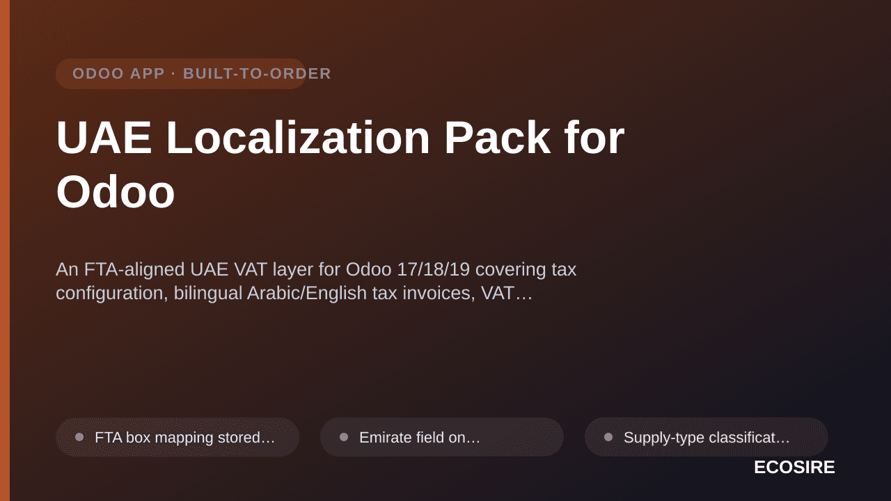 UAE Localization Pack for Odoo — An FTA-aligned UAE VAT layer for Odoo 17/18/19 covering tax configuration, bilingual Arabic/ — 1/1