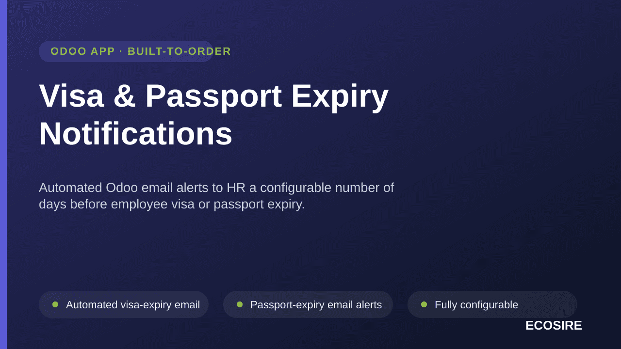 Visa & Passport Expiry Notifications — Automated Odoo email alerts to HR a configurable number of days before employee visa o — Image 1 of 3