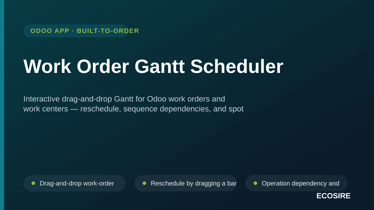 Work Order Gantt Scheduler — Interactive drag-and-drop Gantt for Odoo work orders and work centers — reschedule, sequence dep — Image 1 of 3