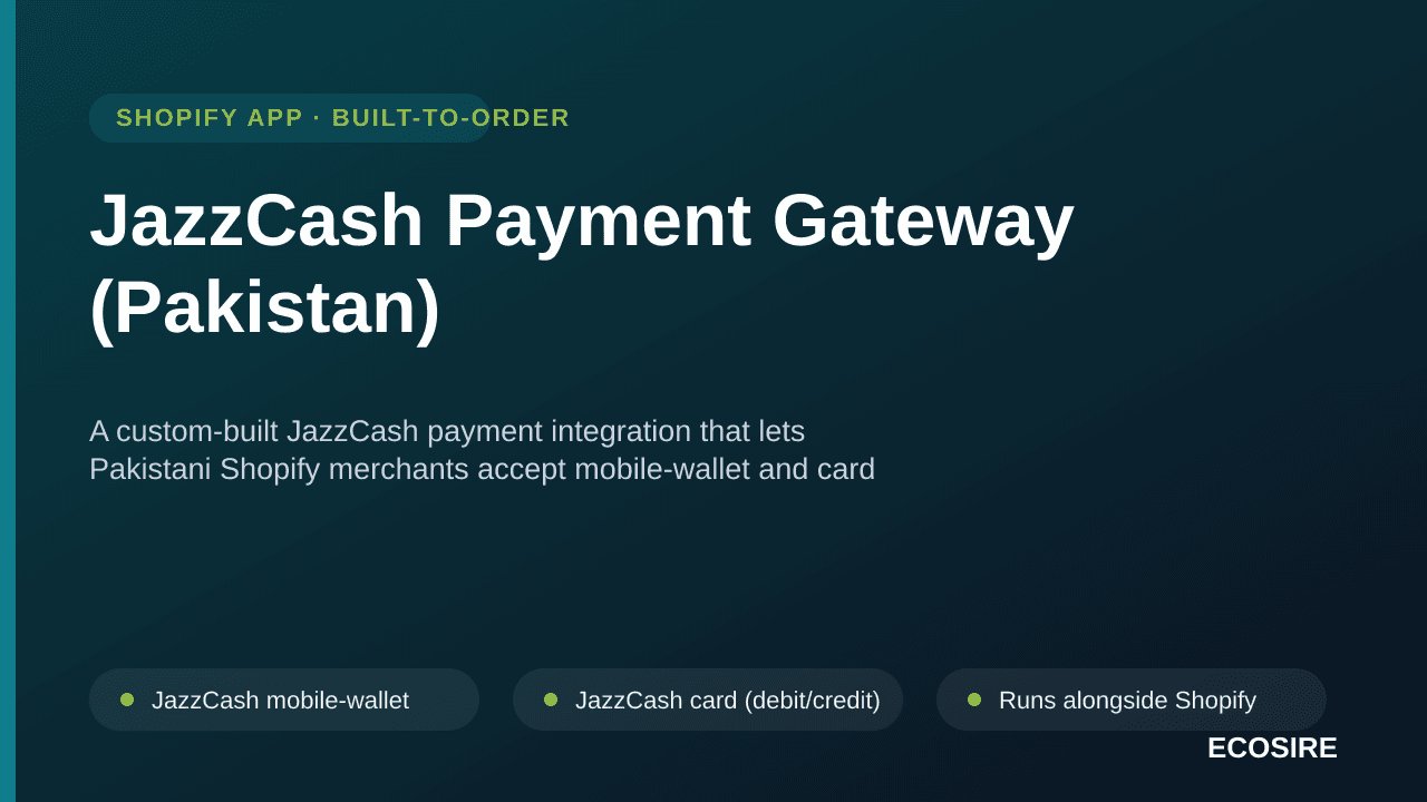 JazzCash Payment Gateway (Pakistan) — A custom-built JazzCash payment integration that lets Pakistani Shopify merchants accep — Image 1 of 3