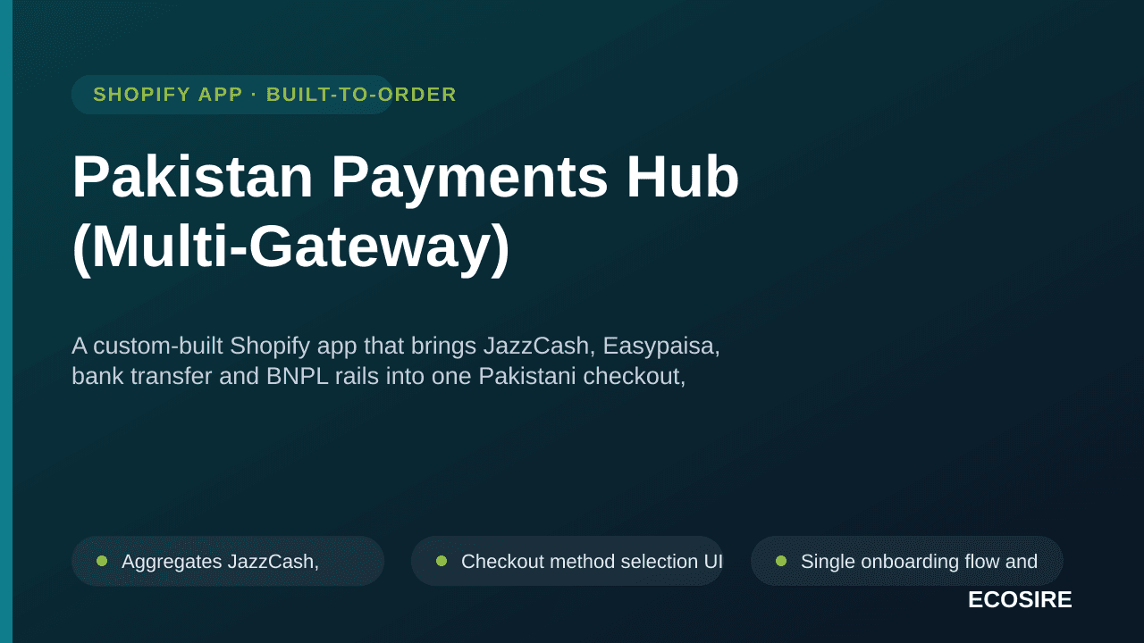 Pakistan Payments Hub (Multi-Gateway) — A custom-built Shopify app that brings JazzCash, Easypaisa, bank transfer and BNPL ra — Image 1 of 3