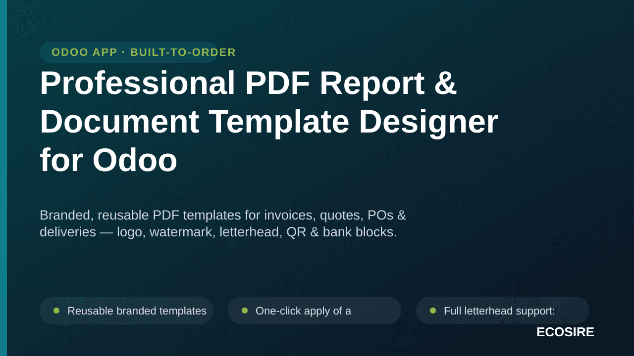 Professional PDF Report & Document Template Designer for Odoo — Branded, reusable PDF templates for invoices, quotes, POs & d — Image 1 of 3