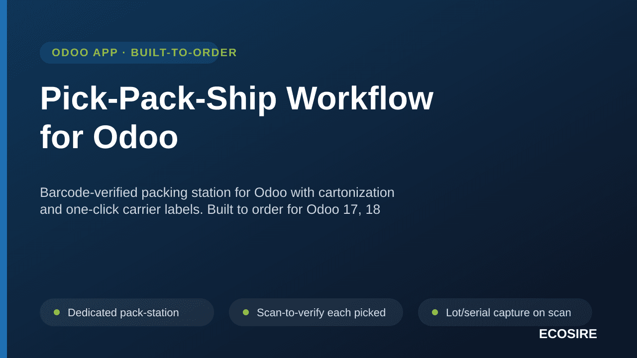 Pick-Pack-Ship Workflow for Odoo — Barcode-verified packing station for Odoo with cartonization and one-click carrier labels — Image 1 of 3