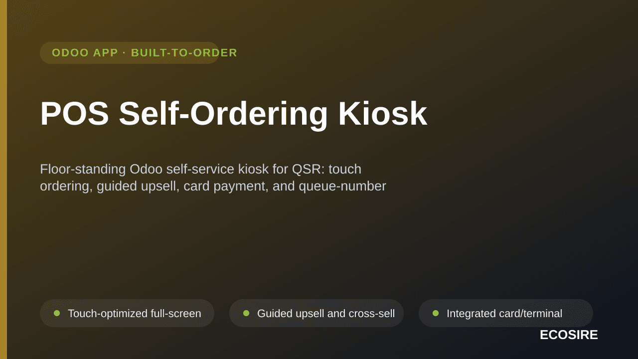 POS Self-Ordering Kiosk — Floor-standing Odoo self-service kiosk for QSR: touch ordering, guided upsell, card payment, and qu — Image 1 of 3