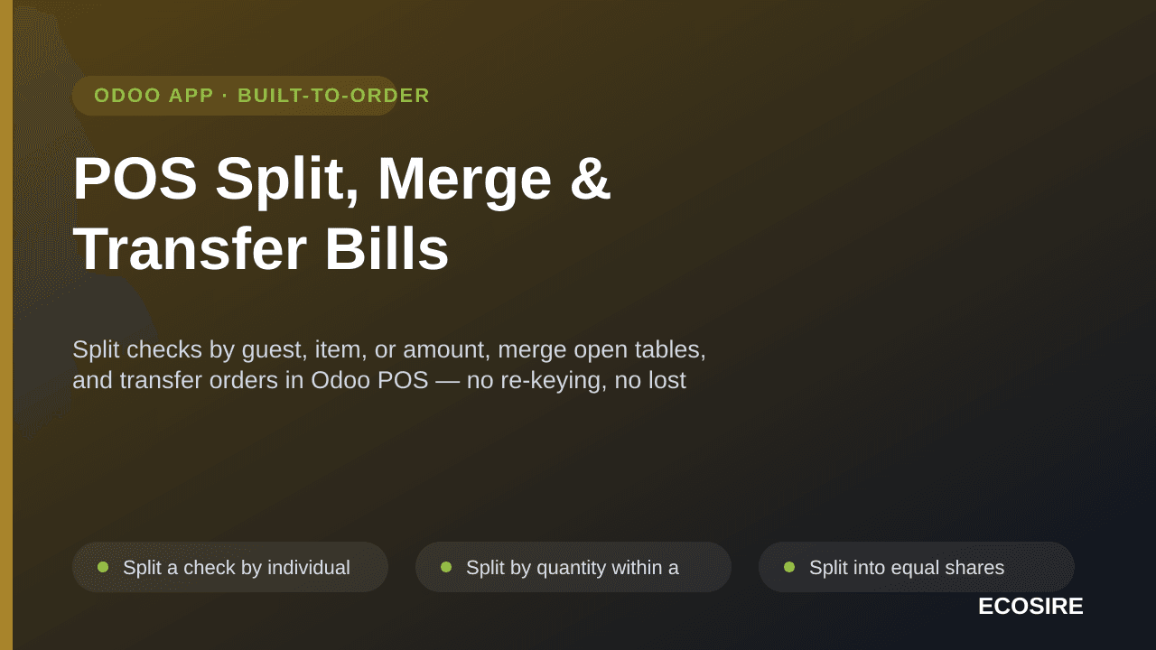 POS Split, Merge & Transfer Bills — Split checks by guest, item, or amount, merge open tables, and transfer orders in Odoo PO — Image 1 of 3