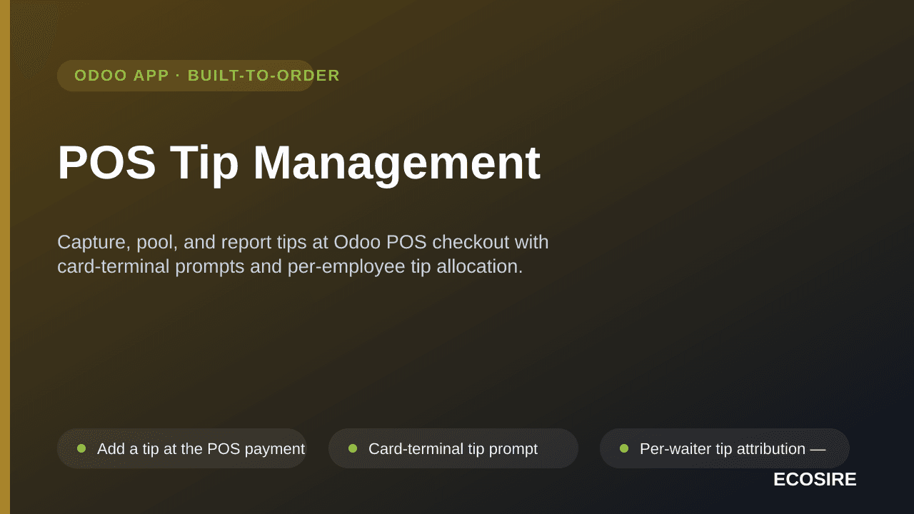 POS Tip Management — Capture, pool, and report tips at Odoo POS checkout with card-terminal prompts and per-employee tip allo — Image 1 of 3
