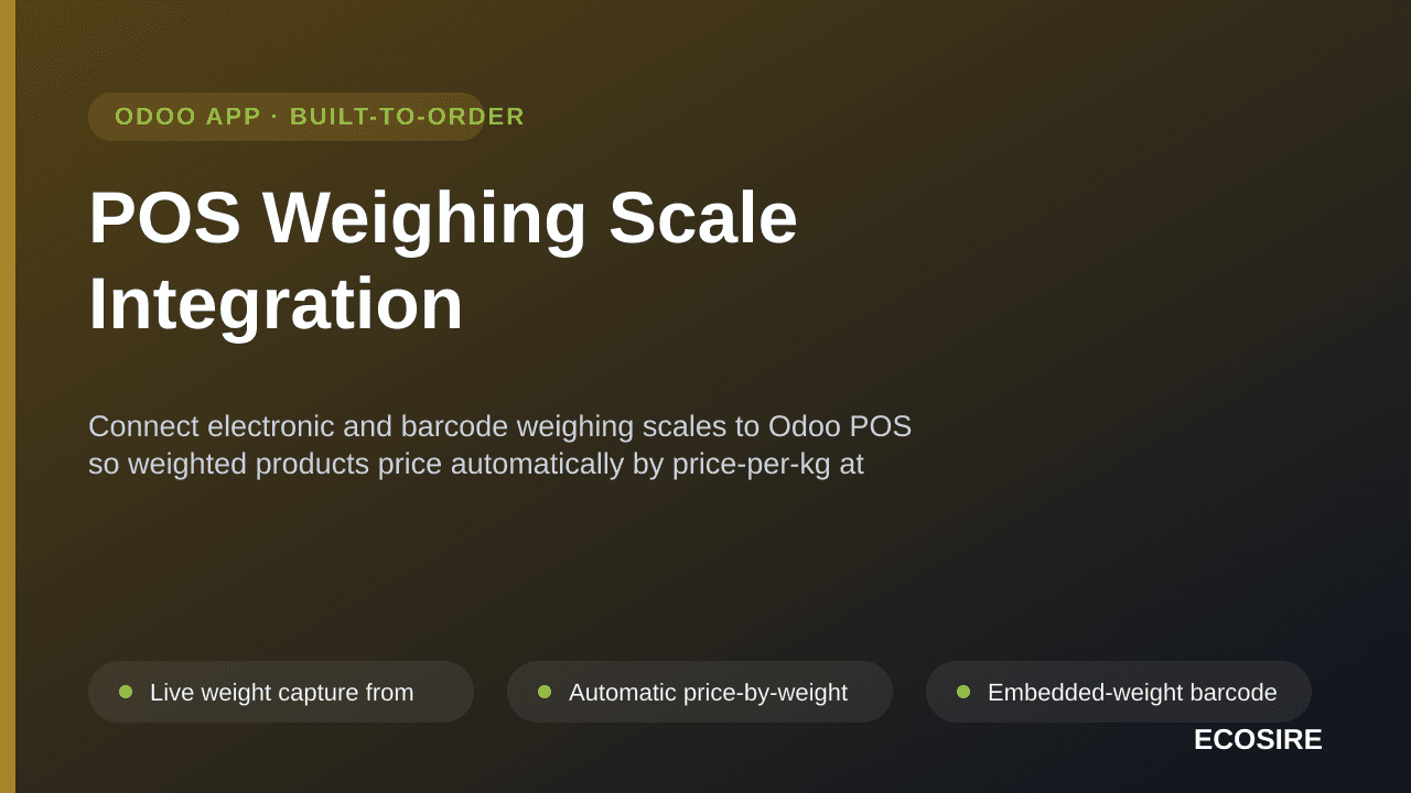 POS Weighing Scale Integration — Connect electronic and barcode weighing scales to Odoo POS so weighted products price automa — Image 1 of 3