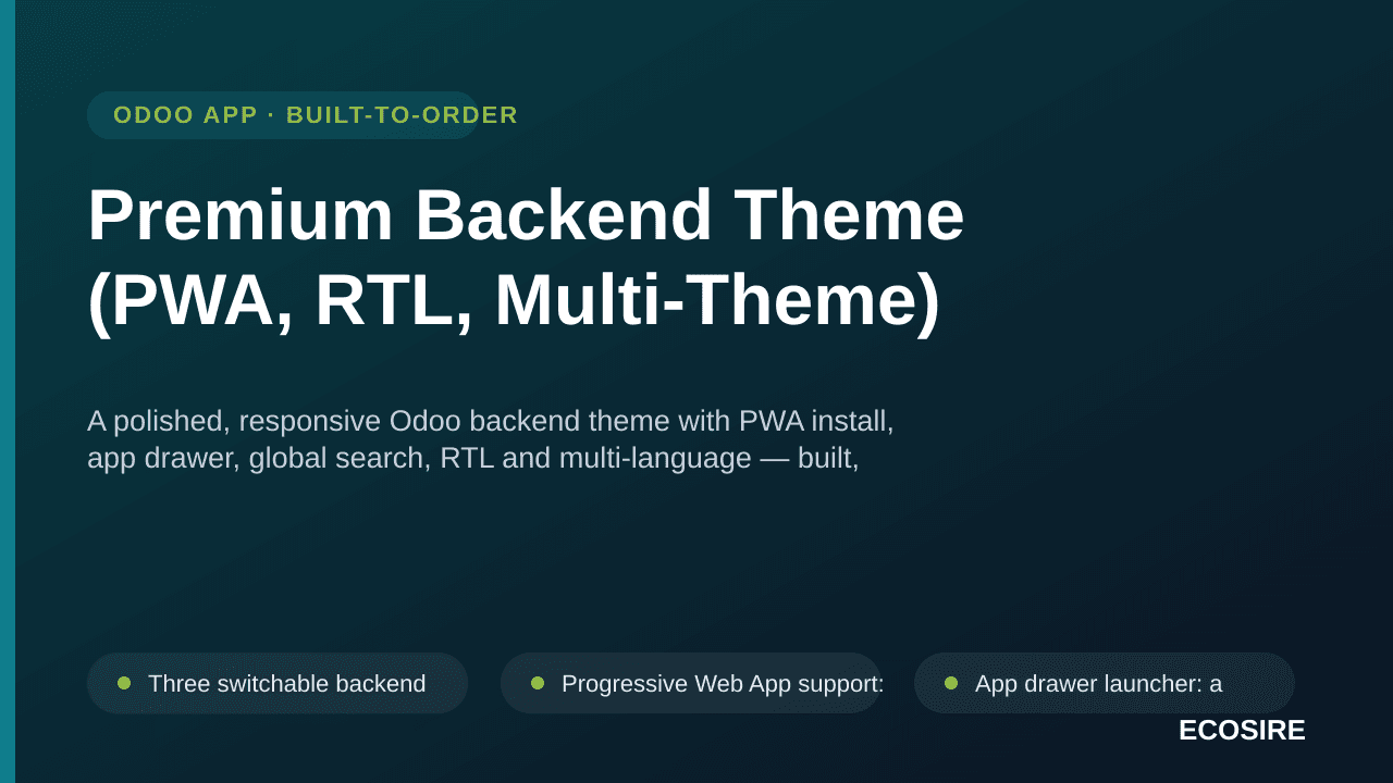 Premium Backend Theme (PWA, RTL, Multi-Theme) — A polished, responsive Odoo backend theme with PWA install, app drawer, globa — Image 1 of 3