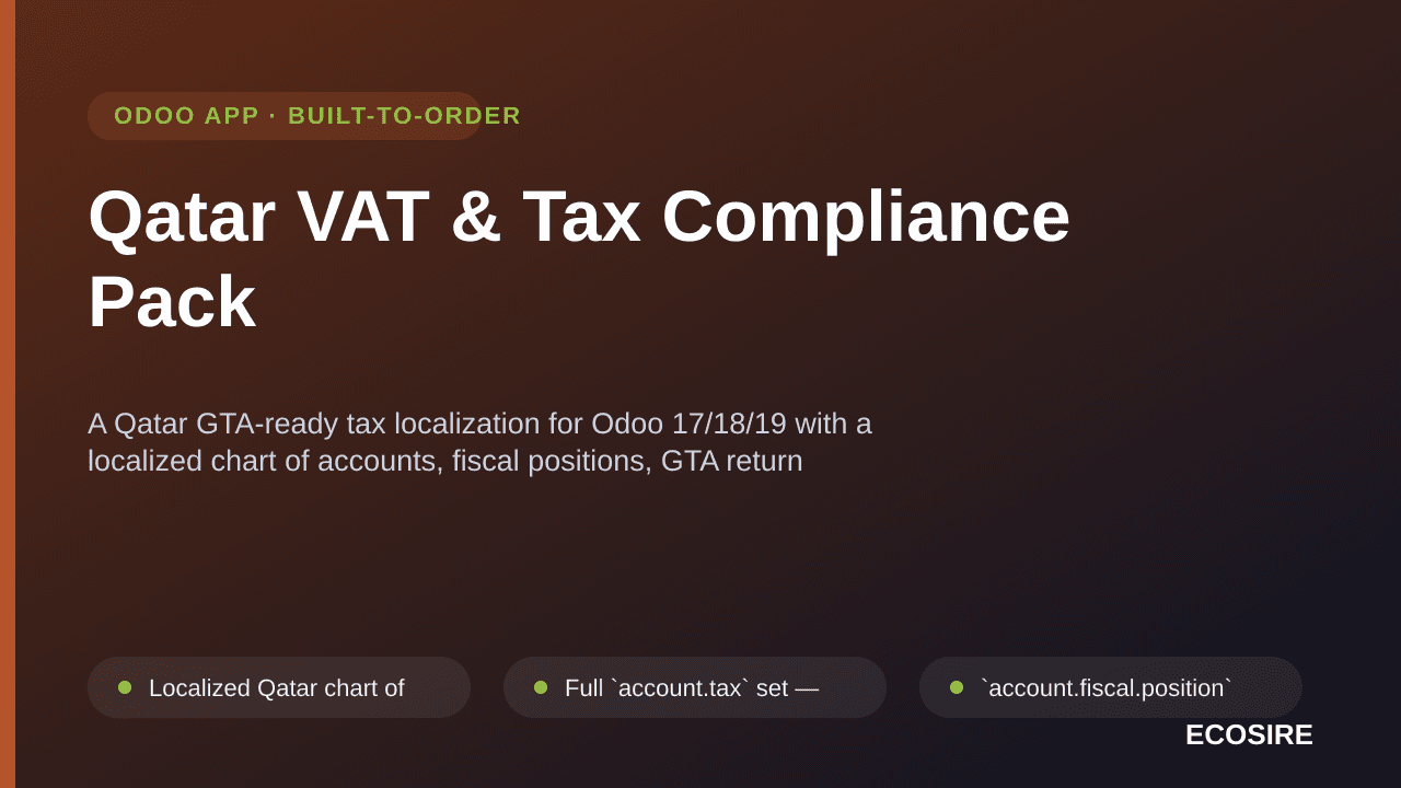 Qatar VAT & Tax Compliance Pack — A Qatar GTA-ready tax localization for Odoo 17/18/19 with a localized chart of accounts, fi — Image 1 of 3