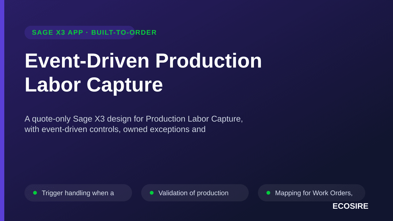 Event-Driven Production Labor Capture — A quote-only Sage X3 design for Production Labor Capture, with event-driven controls, — 1/3