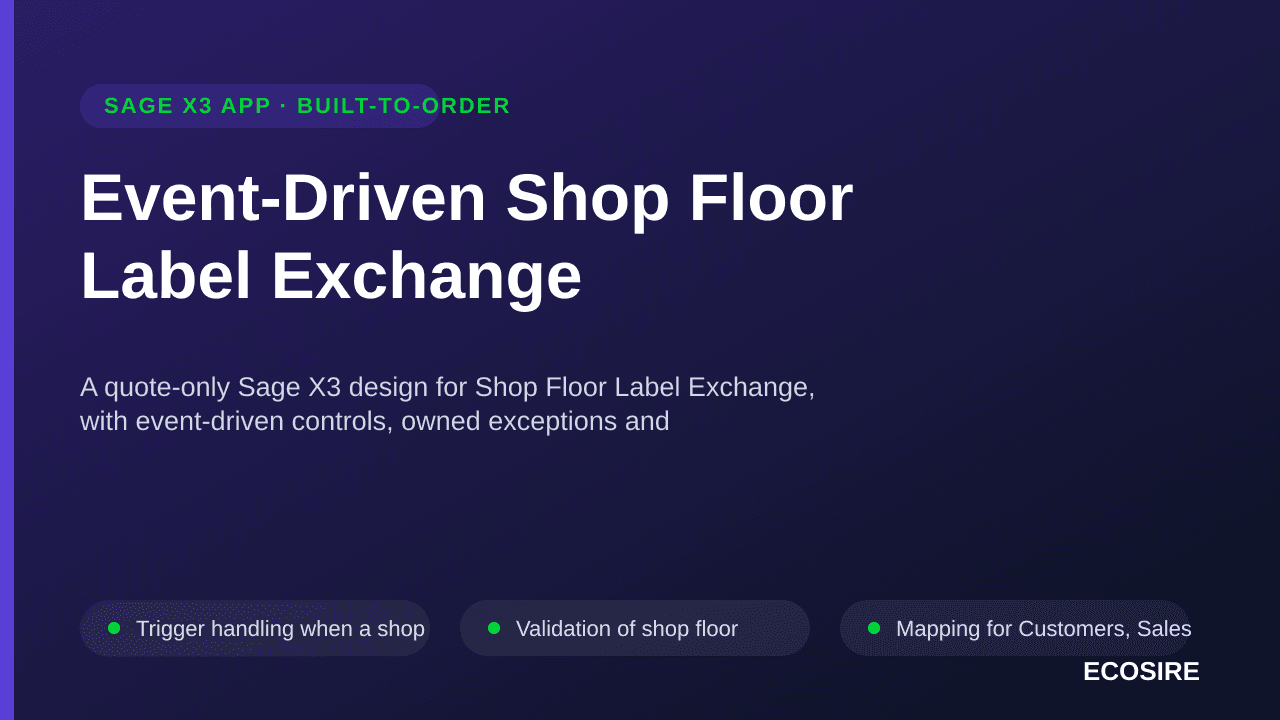 Event-Driven Shop Floor Label Exchange — A quote-only Sage X3 design for Shop Floor Label Exchange, with event-driven control — 1/3