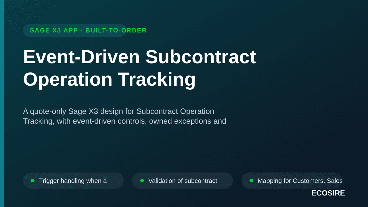 Event-Driven Subcontract Operation Tracking — A quote-only Sage X3 design for Subcontract Operation Tracking, with event-driv — 1/3
