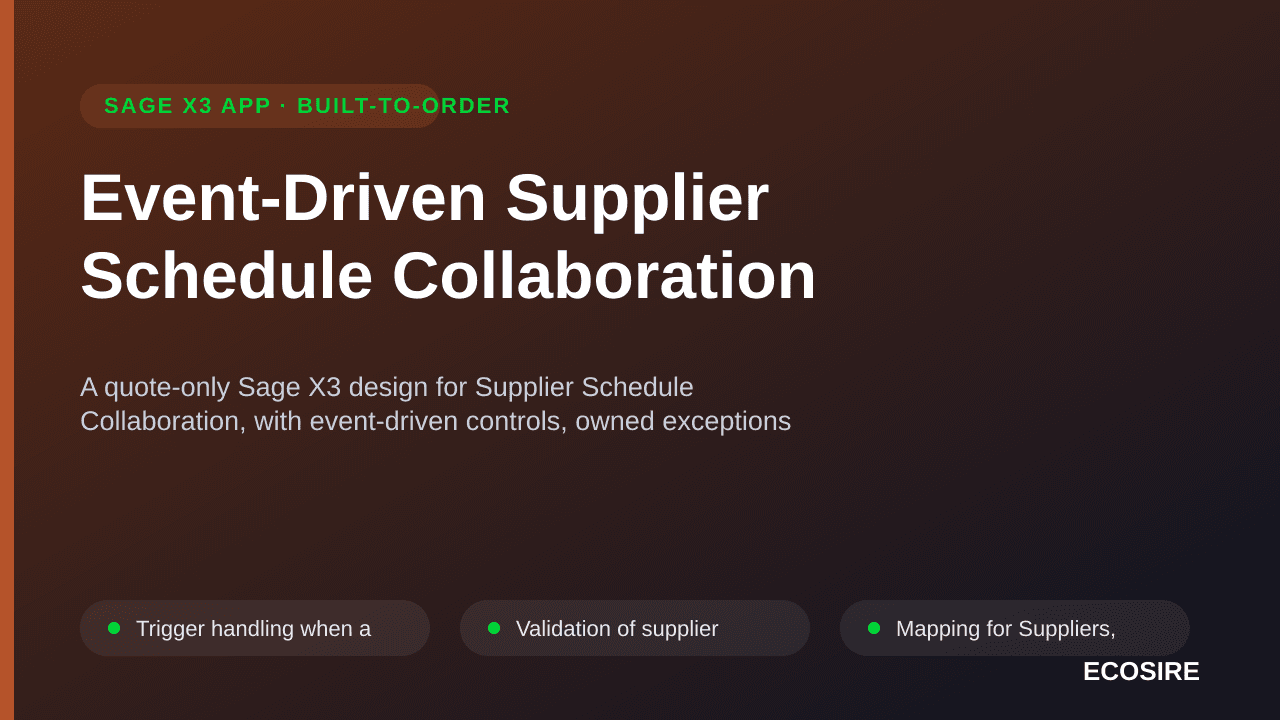Event-Driven Supplier Schedule Collaboration — A quote-only Sage X3 design for Supplier Schedule Collaboration, with event-dr — 1/3