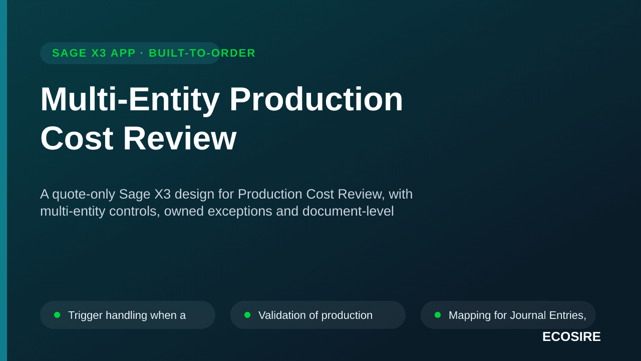 Multi-Entity Production Cost Review — A quote-only Sage X3 design for Production Cost Review, with multi-entity controls, own — 1/3