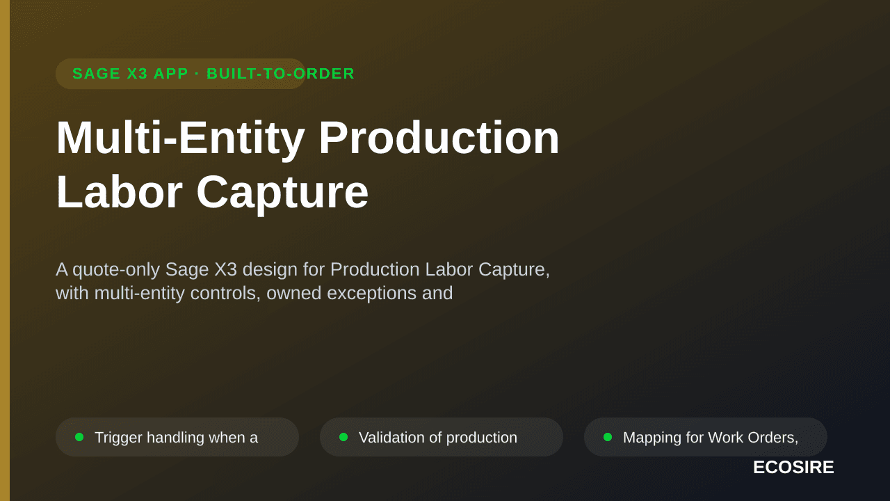 Multi-Entity Production Labor Capture — A quote-only Sage X3 design for Production Labor Capture, with multi-entity controls, — 1/3