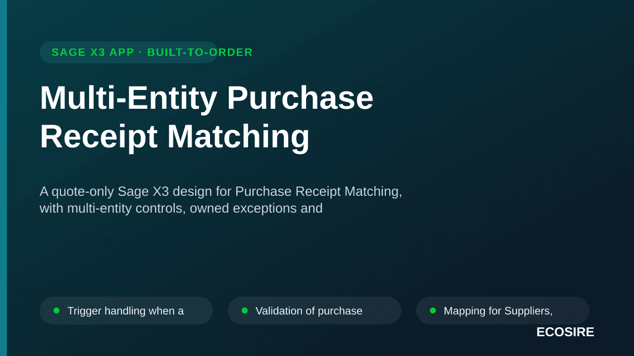 Multi-Entity Purchase Receipt Matching — A quote-only Sage X3 design for Purchase Receipt Matching, with multi-entity control — 1/3