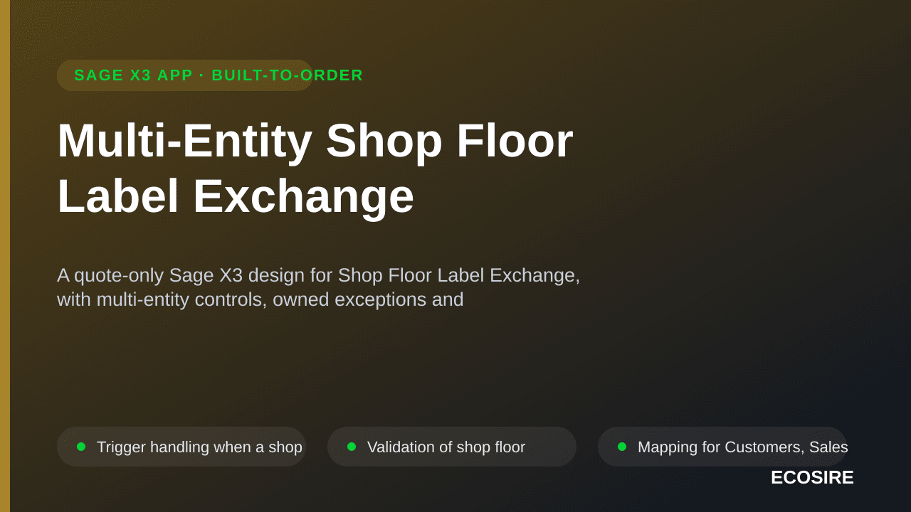 Multi-Entity Shop Floor Label Exchange — A quote-only Sage X3 design for Shop Floor Label Exchange, with multi-entity control — 1/3