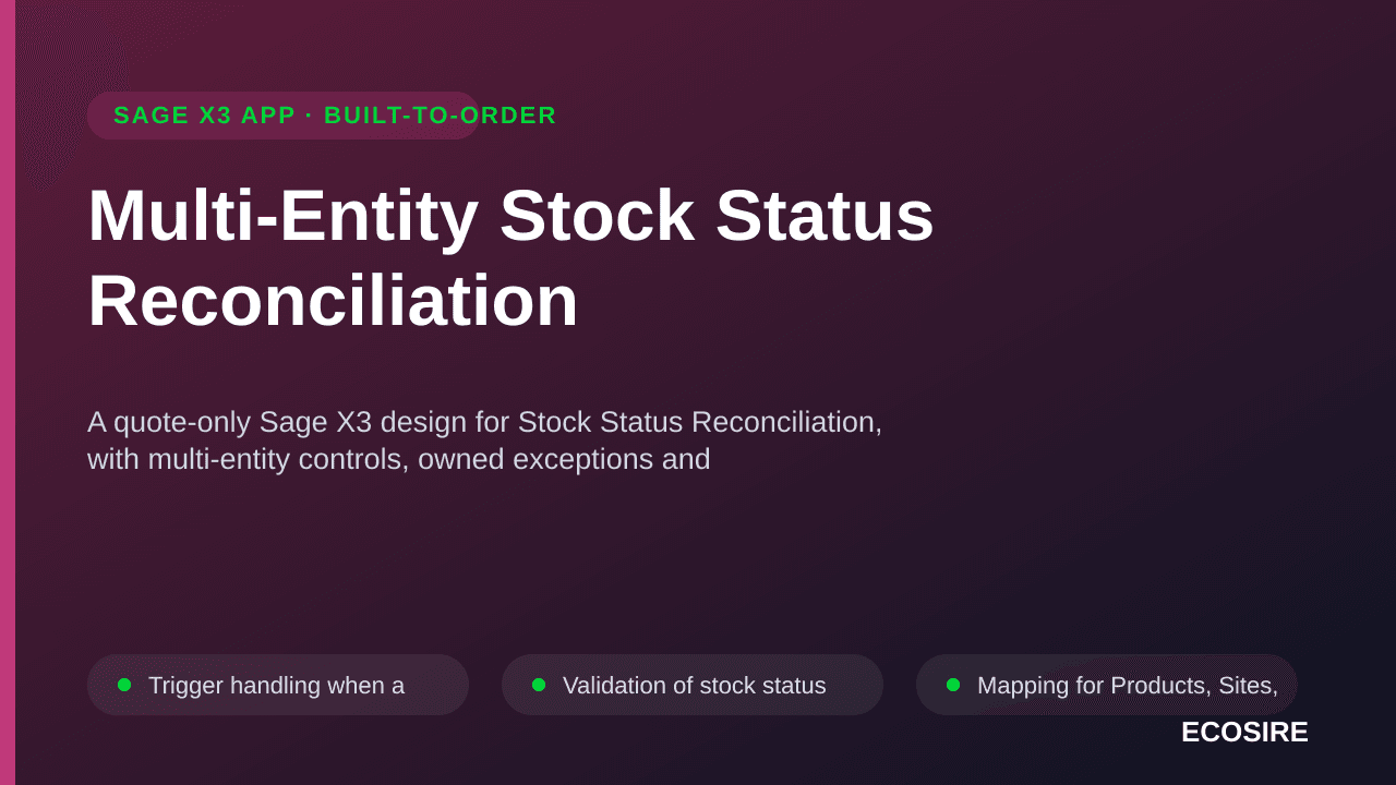 Multi-Entity Stock Status Reconciliation — A quote-only Sage X3 design for Stock Status Reconciliation, with multi-entity con — 1/3