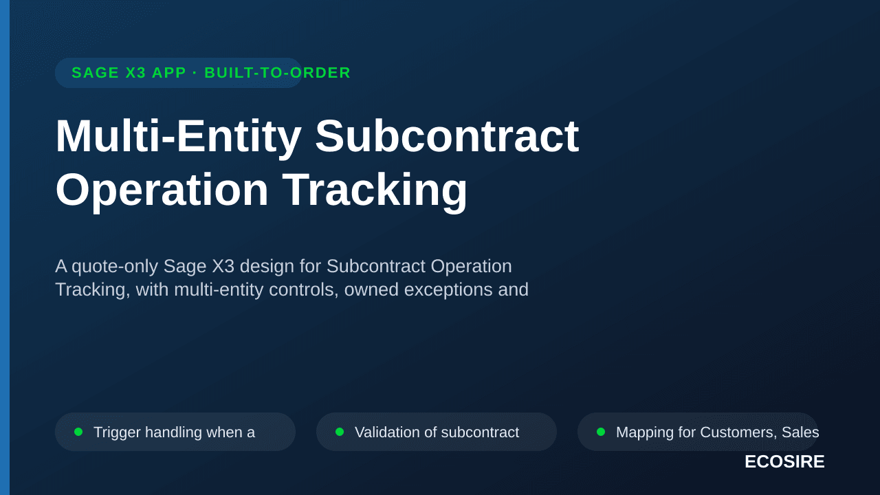 Multi-Entity Subcontract Operation Tracking — A quote-only Sage X3 design for Subcontract Operation Tracking, with multi-enti — 1/3