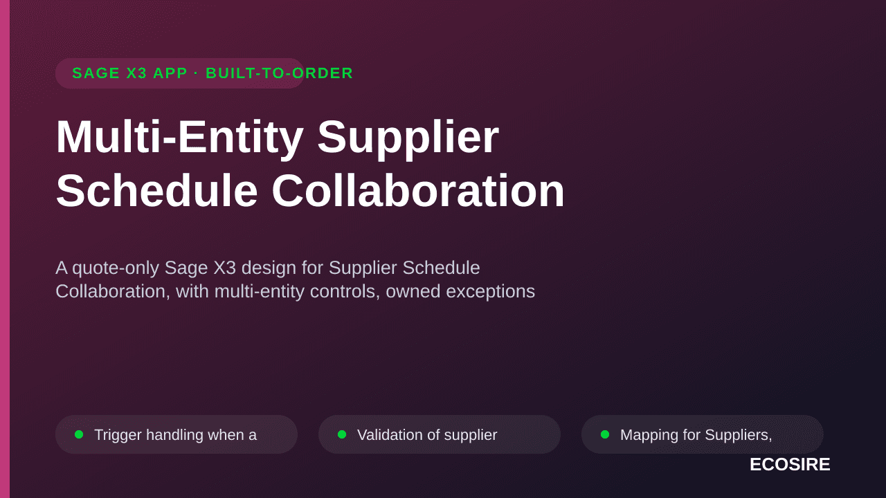 Multi-Entity Supplier Schedule Collaboration — A quote-only Sage X3 design for Supplier Schedule Collaboration, with multi-en — 1/3
