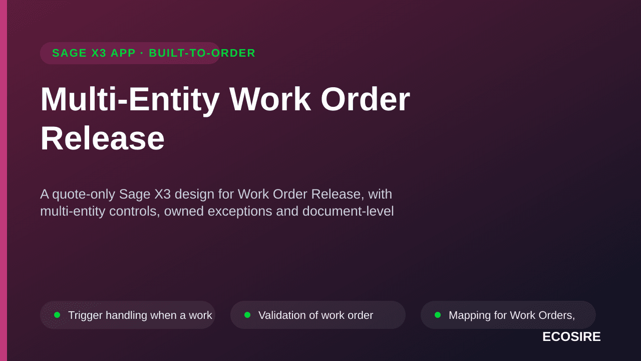 Multi-Entity Work Order Release — A quote-only Sage X3 design for Work Order Release, with multi-entity controls, owned excep — 1/3