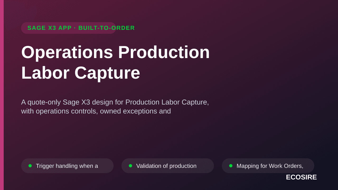 Operations Production Labor Capture — A quote-only Sage X3 design for Production Labor Capture, with operations controls, own — 1/3