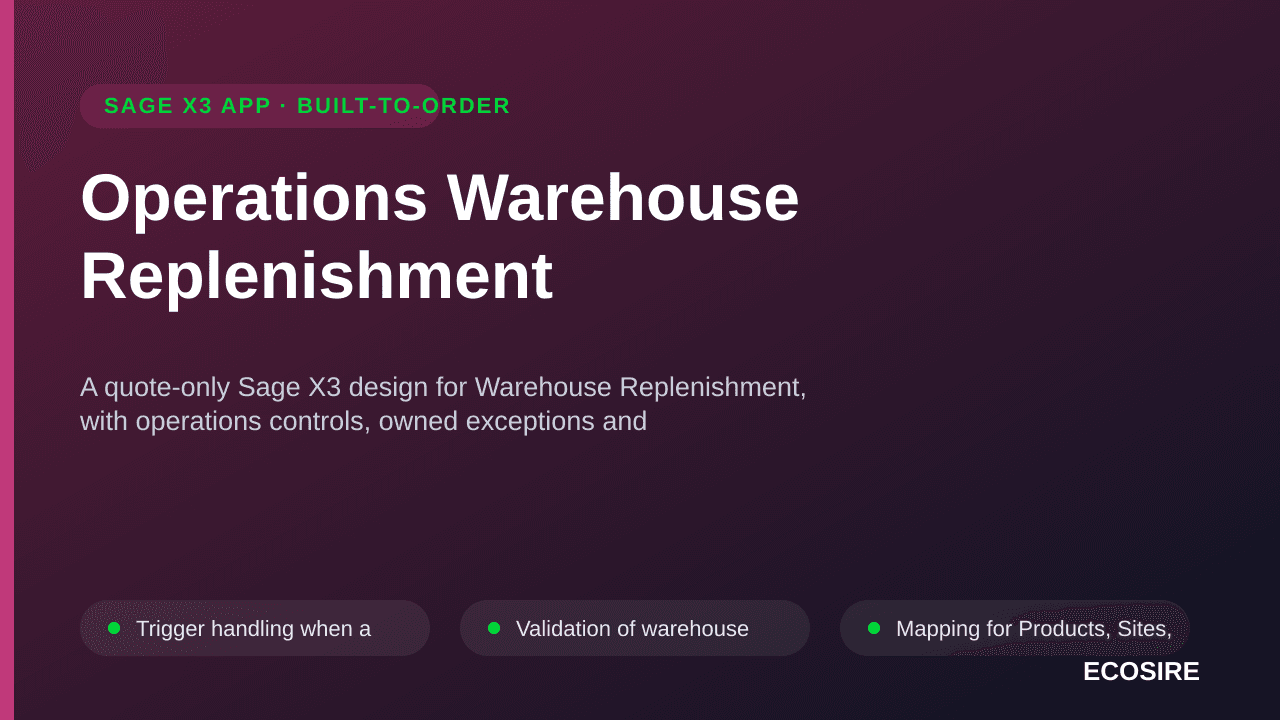 Operations Warehouse Replenishment — A quote-only Sage X3 design for Warehouse Replenishment, with operations controls, owned — 1/3