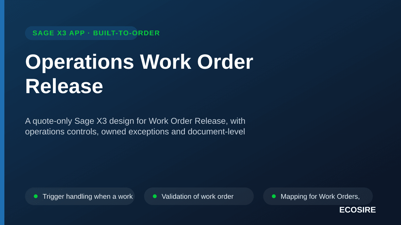 Operations Work Order Release — A quote-only Sage X3 design for Work Order Release, with operations controls, owned exception — 1/3
